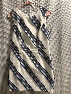 Milly  Mini Dress White and Navy Fringe Diagonal Stripes